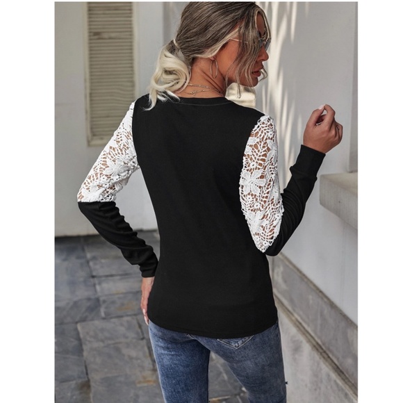 Contrast Lace Detail Black Long Sleeve Tee Shirt - Picture 3 of 7